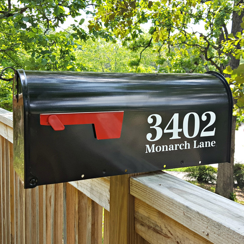 Antiqua Full Address mailbox decals white on black